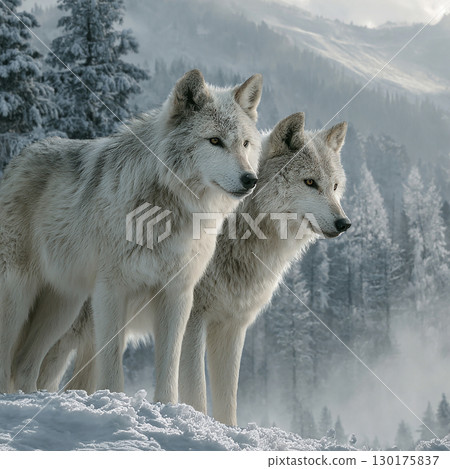 A couple of white wolves standing on a snowy mountain 130175837