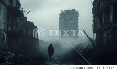 A lone survivor moves through a foggy, ruined city after an apocalyptic event. Great for storytelling, game design, and dramatic art. 130176157