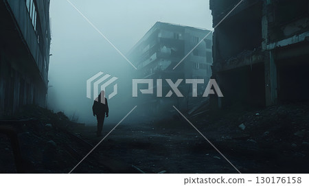 A lone survivor moves through a foggy, ruined city after an apocalyptic event. Great for storytelling, game design, and dramatic art. 130176158