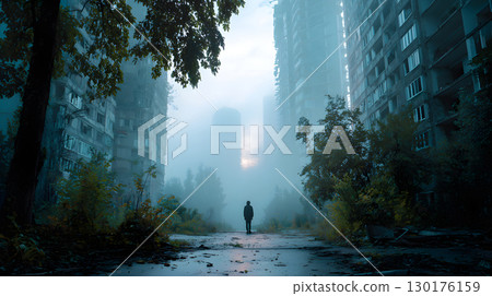 A lone survivor moves through a foggy, ruined city after an apocalyptic event. Great for storytelling, game design, and dramatic art. 130176159