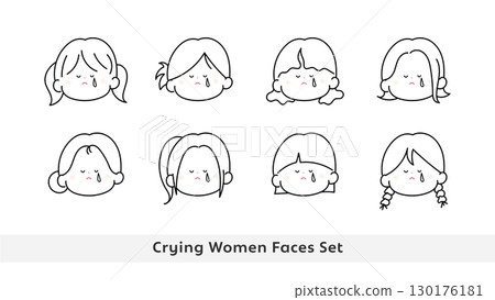 Sad woman's face icon set line drawing Sad woman's face icon set line drawing 130176181
