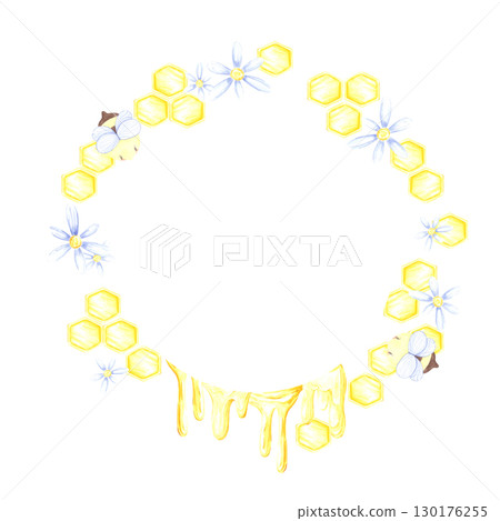 Golden honey comb with marigolds and bees wreath frame border, hand drawn watercolor illustration isolated on white background. Can be used for cards, invitation and other printed products. 130176255