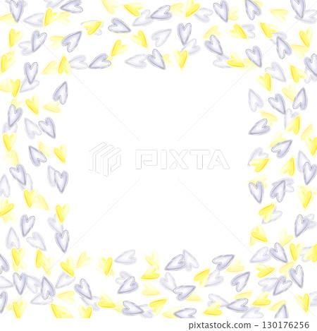 Blue and yellow hearts frame border, hand drawn watercolor illustration isolated on white background. Can be used for cards, invitation and other printed products. 130176256