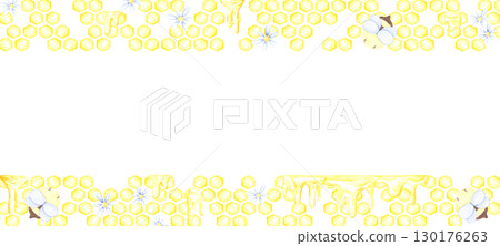 Golden honey comb bees and blue marigolds banner frame border, hand drawn watercolor cell illustration isolated on white background. Can be used for banner, advertising and other printed products. 130176263