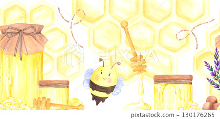 Golden honey comb jars bee seamless frame border, hand drawn watercolor illustration isolated on white background. Can be used for cards, textile tape and other printed products. 130176265