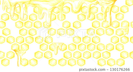 Golden honey comb and liquid seamless frame border, hand drawn watercolor cell illustration isolated on white background. Can be used for cards, textile label and other printed products. 130176266