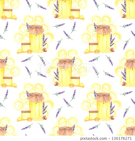 Golden honey comb with lavender, hand drawn watercolor jar and dipper seamless pattern. Illustration isolated on white background. Can be used for textile, fabric scrapbook and other printed products. 130176271