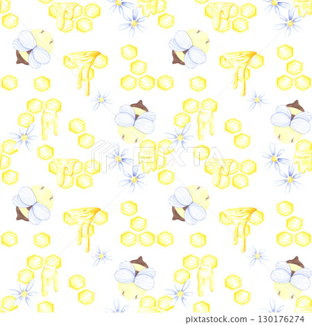 Golden honey comb and liquid with cute bees and flowers seamless pattern, hand drawn watercolor illustration isolated on white background. Can be used for wrapping, textile and other printed products. Golden honey comb and liquid with cute bees and flowers seamless pattern, hand drawn watercolor illustration isolated on white background. Can be used for wrapping, textile and other printed products. 130176274