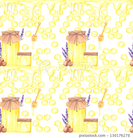 Golden honey comb with lavender, hand drawn watercolor jar and dipper seamless pattern. Illustration isolated on white background. Can be used for textile, fabric scrapbook and other printed products. Golden honey comb with lavender, hand drawn watercolor jar and dipper seamless pattern. Illustration isolated on white background. Can be used for textile, fabric scrapbook and other printed products. 130176278