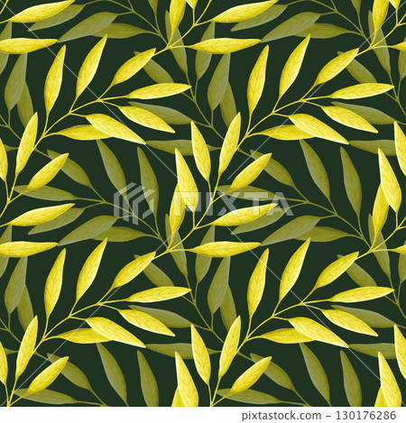 Hand drawn watercolor autumn yellow leaves seamless pattern isolated on dark green background. Can be used for textile, fabric and other printed products. Hand drawn watercolor autumn yellow leaves seamless pattern isolated on dark green background. Can be used for textile, fabric and other printed products. 130176286