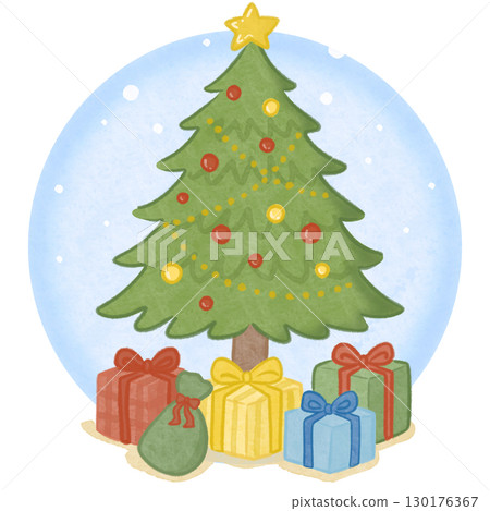 Christmas tree and presents circle blue background 130176367
