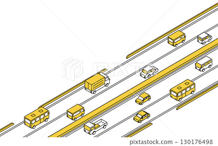 Simple line drawing isometric illustration of a two-lane road with a median strip 130176498