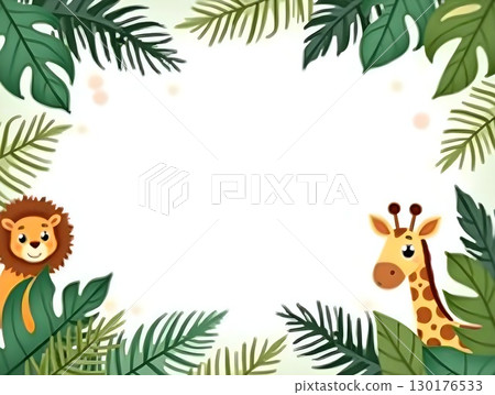 Illustration Cute Lion Giraffe and Tropical Plant Frame Graphic Asset 130176533