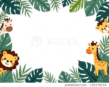 Cartoon Illustration Jungle Animal Frame with Exotic Foliage Border Graphic 130176534
