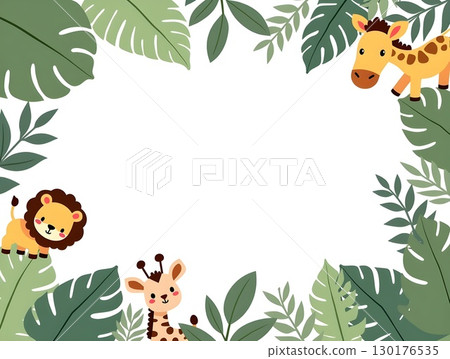 Cartoon Style Tropical Leaf and Animal Illustration for Kids Background 130176535