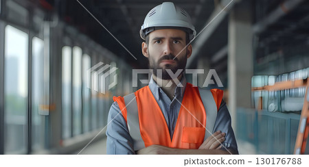 Confident male architect in warning vest with safety helmet background, Happy Labor Day - Ai Generated 130176788