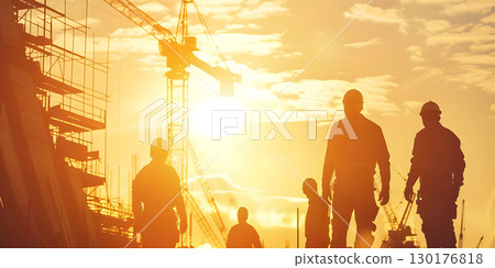 Construction workers at sunset background, Happy Labor Day - Ai Generated Construction workers at sunset background, Happy Labor Day - Ai Generated 130176818
