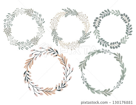 Vector illustration with floral wreaths in pastel tones. Elegant botanical design. Minimal flat style Vector illustration with floral wreaths in pastel tones. Elegant botanical design. Minimal flat style 130176881