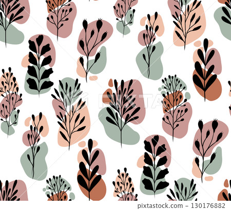 Vector seamless pattern with abstract botanical silhouettes and colorful shapes. Floral texture in modern minimalism 130176882
