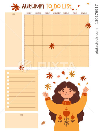 Autumn Planner with Happy Woman with Fall Leaves. Organizer for grid Calendar Month, To-Do list and Note, memo. Seasonal Vertical printable flat Template. Vector illustration. Kids collection. Not AI Autumn Planner with Happy Woman with Fall Leaves. Organizer for grid Calendar Month, To-Do list and Note, memo. Seasonal Vertical printable flat Template. Vector illustration. Kids collection. Not AI 130176917