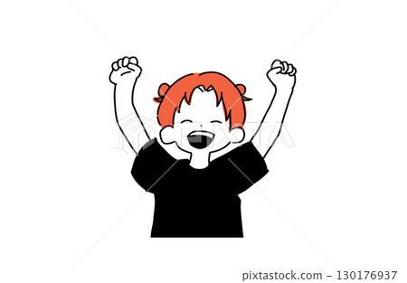 Hand-drawn illustration of a cheerful girl posing with her fist pump (white background, line drawing style) 130176937