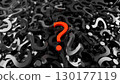 3D illustration of black question marks with one red mark standing out as a symbol of curiosity, problem solving, decision making, and finding answers. 130177119