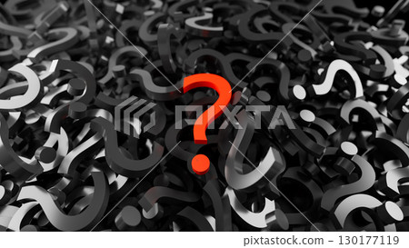 3D illustration of black question marks with one red mark standing out as a symbol of curiosity, problem solving, decision making, and finding answers. 130177119