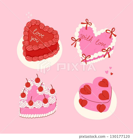 Set of heart shaped cakes in pink and red colors. Vector graphics. Set of heart shaped cakes in pink and red colors. Vector graphics. 130177120
