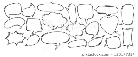 Hand drawn crayon speech bubbles set. Doodle style comic talk balloons collection. Vector sketch dialog frames isolated on white background. Hand drawn crayon speech bubbles set. Doodle style comic talk balloons collection. Vector sketch dialog frames isolated on white background. 130177334