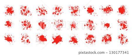 Dripping blood spots and splatters. Realistic vector collection of bloodstains and drops. 130177341