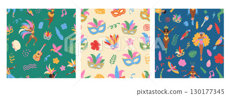 Brazil carnival seamless pattern set. Masks, exotic bird, dancing people, flowers. Modern vector illustration 130177345