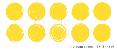 Collection of rough yellow brush sun circles. Grunge round stamp shapes. Hand drawn abstract vector elements. 130177346
