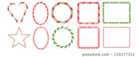 Candy cane twisted border collection. Rectangle, circle, star, and heart frames in red and green lollipop style. Striped design for xmas decor. Candy cane twisted border collection. Rectangle, circle, star, and heart frames in red and green lollipop style. Striped design for xmas decor. 130177352