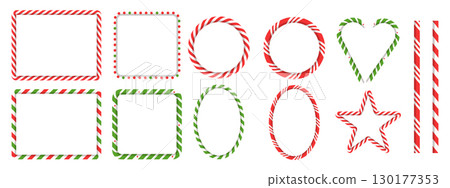 Christmas candy cane photo frame set. Rectangle, circle, star, and heart borders in striped red and green lollipop style. 130177353