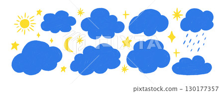 Blue pastel cloud doodles with yellow celestial elements. Hand drawn pencil sketch clouds, stars, sun, and moon in childrens style. Vector illustration. Blue pastel cloud doodles with yellow celestial elements. Hand drawn pencil sketch clouds, stars, sun, and moon in childrens style. Vector illustration. 130177357