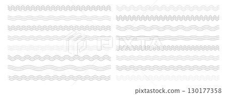 Corrugated wave lines set. Collection of abstract wavy and dotted line borders on white background. Minimalist decorative elements. Corrugated wave lines set. Collection of abstract wavy and dotted line borders on white background. Minimalist decorative elements. 130177358