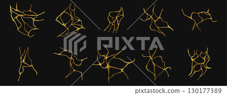 Japanese kintsugi crack elements. Abstract golden shapes for wall art, posters, and decor in Japanese style. Vector illustration. Japanese kintsugi crack elements. Abstract golden shapes for wall art, posters, and decor in Japanese style. Vector illustration. 130177389