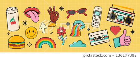 8 bit retro y2k elements icon set. Pixel art object. Retro 80s,90s video game graphics. Soda, lips, arrow, gesture, glasses, telephone. 8 bit retro y2k elements icon set. Pixel art object. Retro 80s,90s video game graphics. Soda, lips, arrow, gesture, glasses, telephone. 130177392