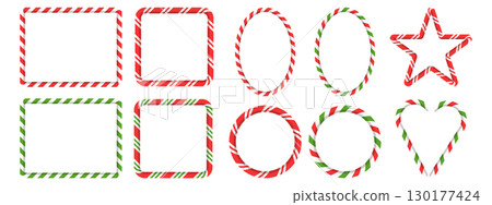 Christmas striped candy frame set. Red and green cane patterns for decorative borders, greeting cards, and banners. Rectangle, circle, star, and heart shapes in lollipop style. Christmas striped candy frame set. Red and green cane patterns for decorative borders, greeting cards, and banners. Rectangle, circle, star, and heart shapes in lollipop style. 130177424