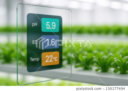 Hydroponic Greenhouse Panel Showing pH, EC, and Temperature 130177494