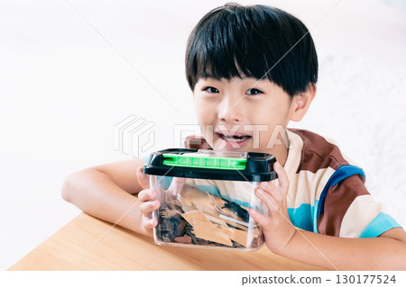 A boy observing a stag beetle A boy observing a stag beetle 130177524