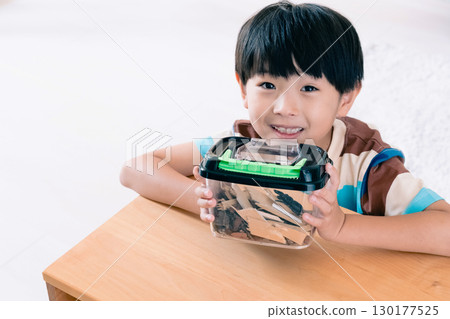 A boy observing a stag beetle 130177525
