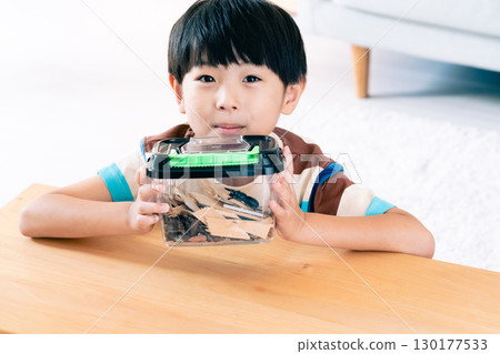 A boy observing a stag beetle 130177533