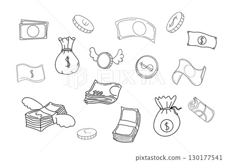 Money set doodle paper banknote, cash, coins sketch line. Collection funny comic budget. Dollar doodle sign symbol set. Hand drawn Dollar icon 130177541