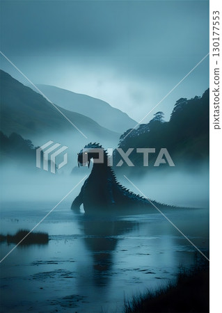 A colossal, horned humanoid creature emerges from a misty lake, surrounded by rolling hills.  130177553