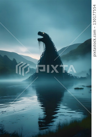 A colossal, horned humanoid creature emerges from a misty lake, surrounded by rolling hills.  130177554