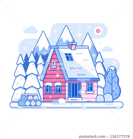 Winter Rural Home on Snowy Landscape in Line Art 130177576