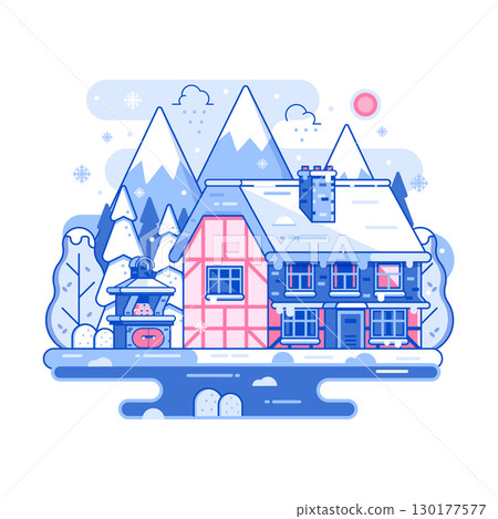 Winter Rural Home on Snowy Landscape in Line Art Winter Rural Home on Snowy Landscape in Line Art 130177577