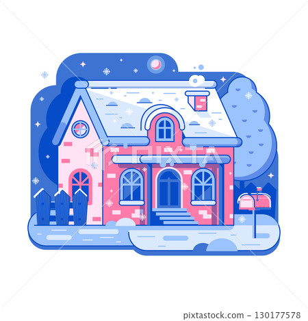 Winter Rural Home on Snowy Landscape in Line Art Winter Rural Home on Snowy Landscape in Line Art 130177578