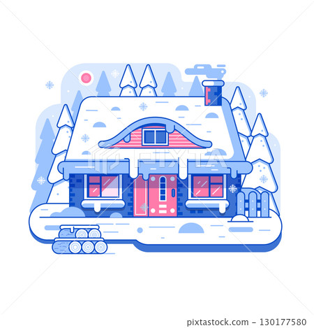 Winter Rural Home on Snowy Landscape in Line Art Winter Rural Home on Snowy Landscape in Line Art 130177580